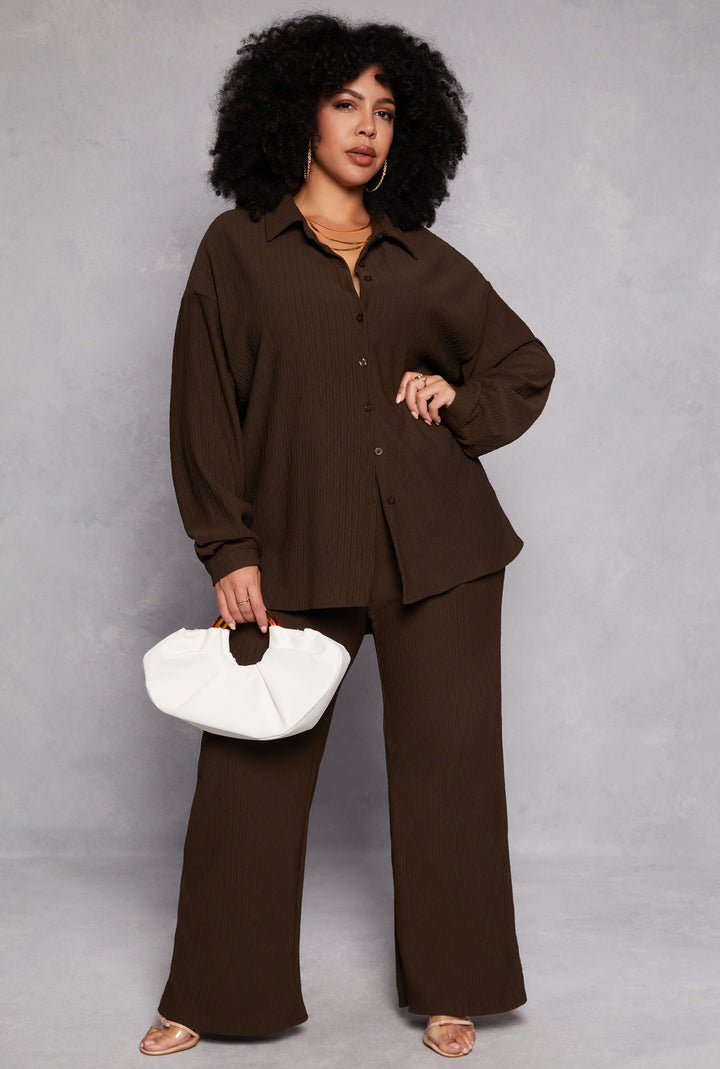 Plus Size Textured Knit Wide Leg Dress Pants