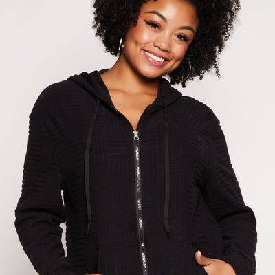 Plus Size Textured Knit Hooded Sweatshirt