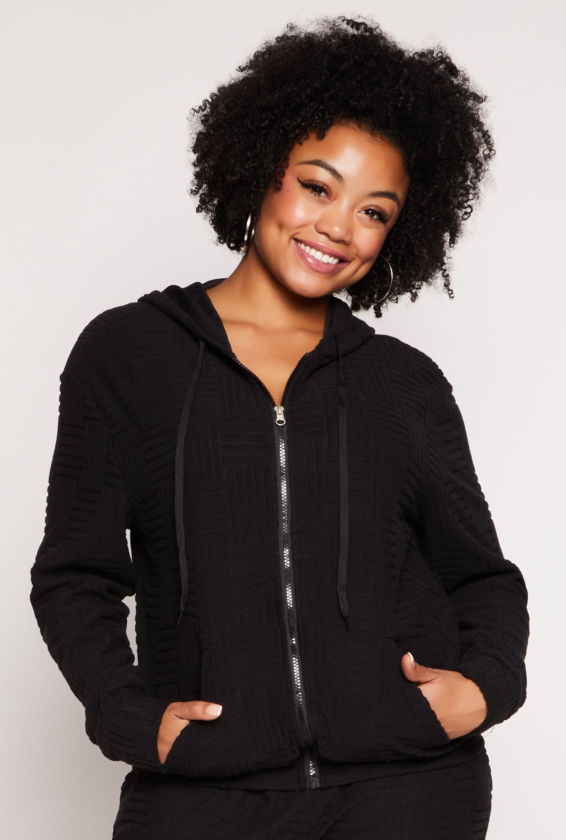 Plus Size Textured Knit Hooded Sweatshirt