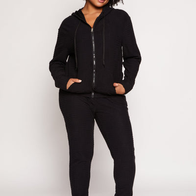 Plus Size Textured Knit Hooded Sweatshirt