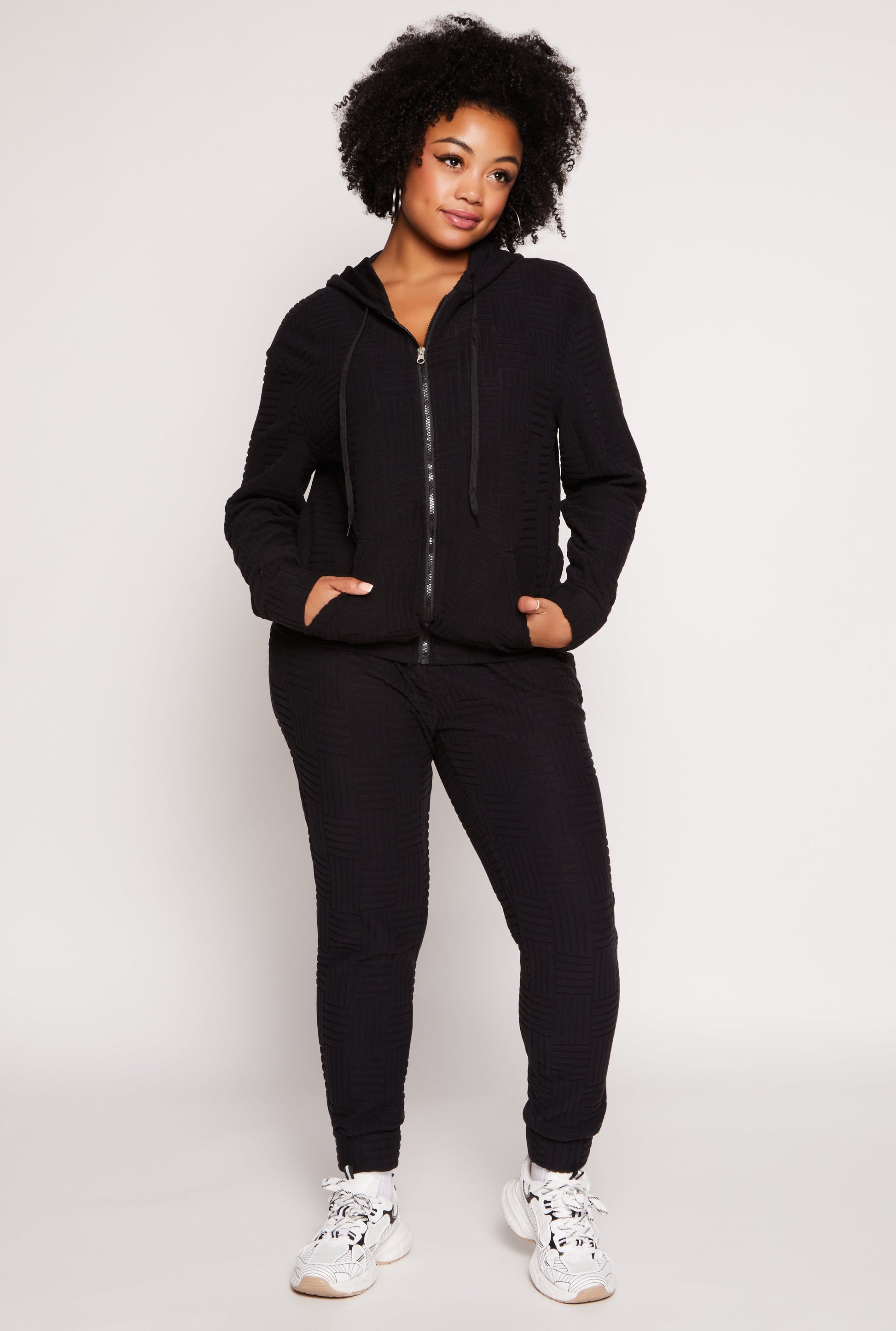 Plus Size Textured Knit Hooded Sweatshirt