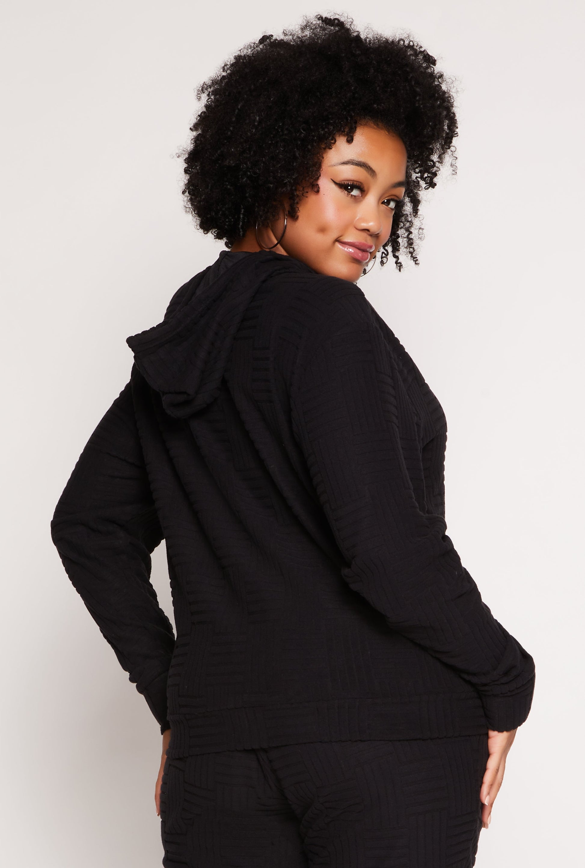 Plus Size Textured Knit Hooded Sweatshirt