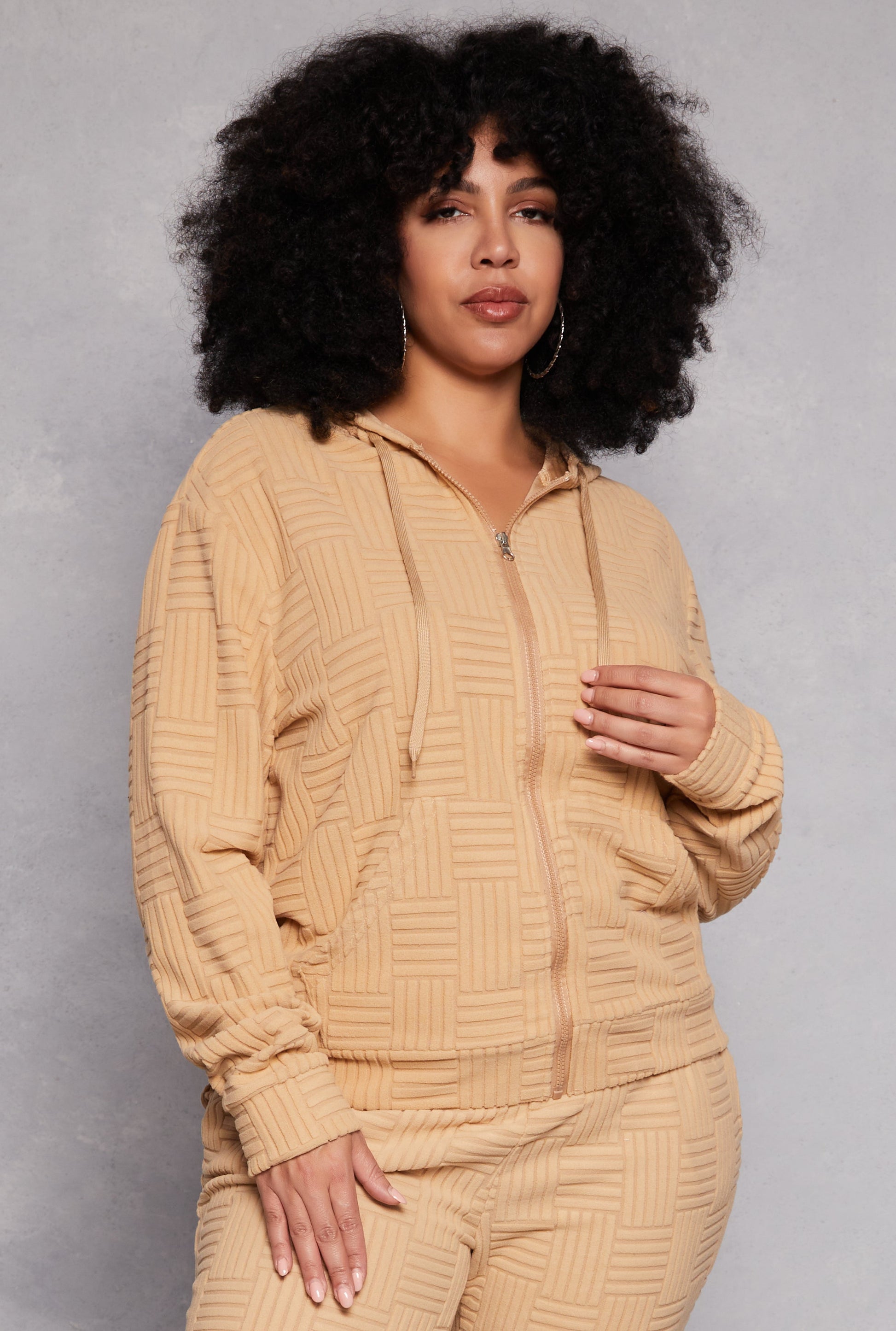 Plus Size Textured Knit Hooded Sweatshirt