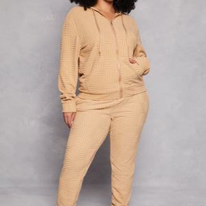 Plus Size Textured Knit Hooded Sweatshirt