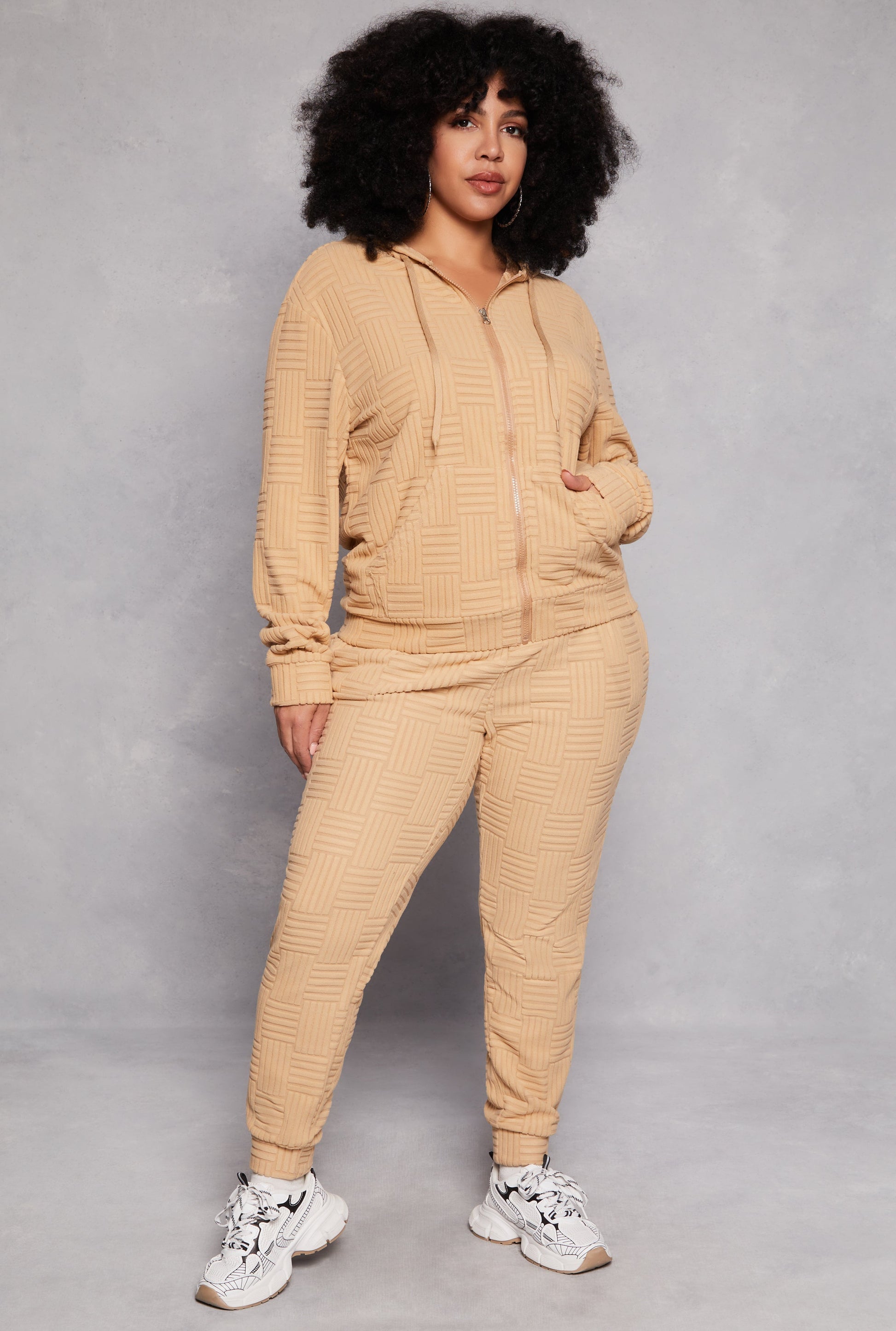 Plus Size Textured Knit Hooded Sweatshirt