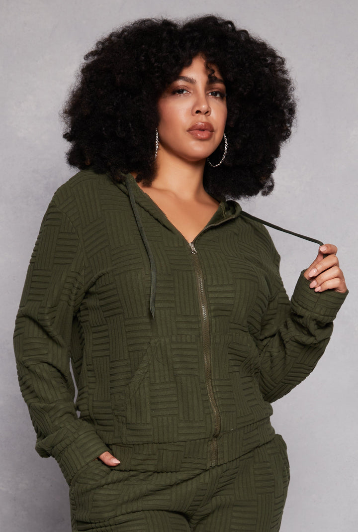 Plus Size Textured Knit Hooded Sweatshirt