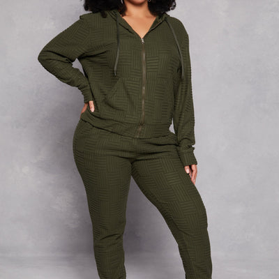 Plus Size Textured Knit Hooded Sweatshirt