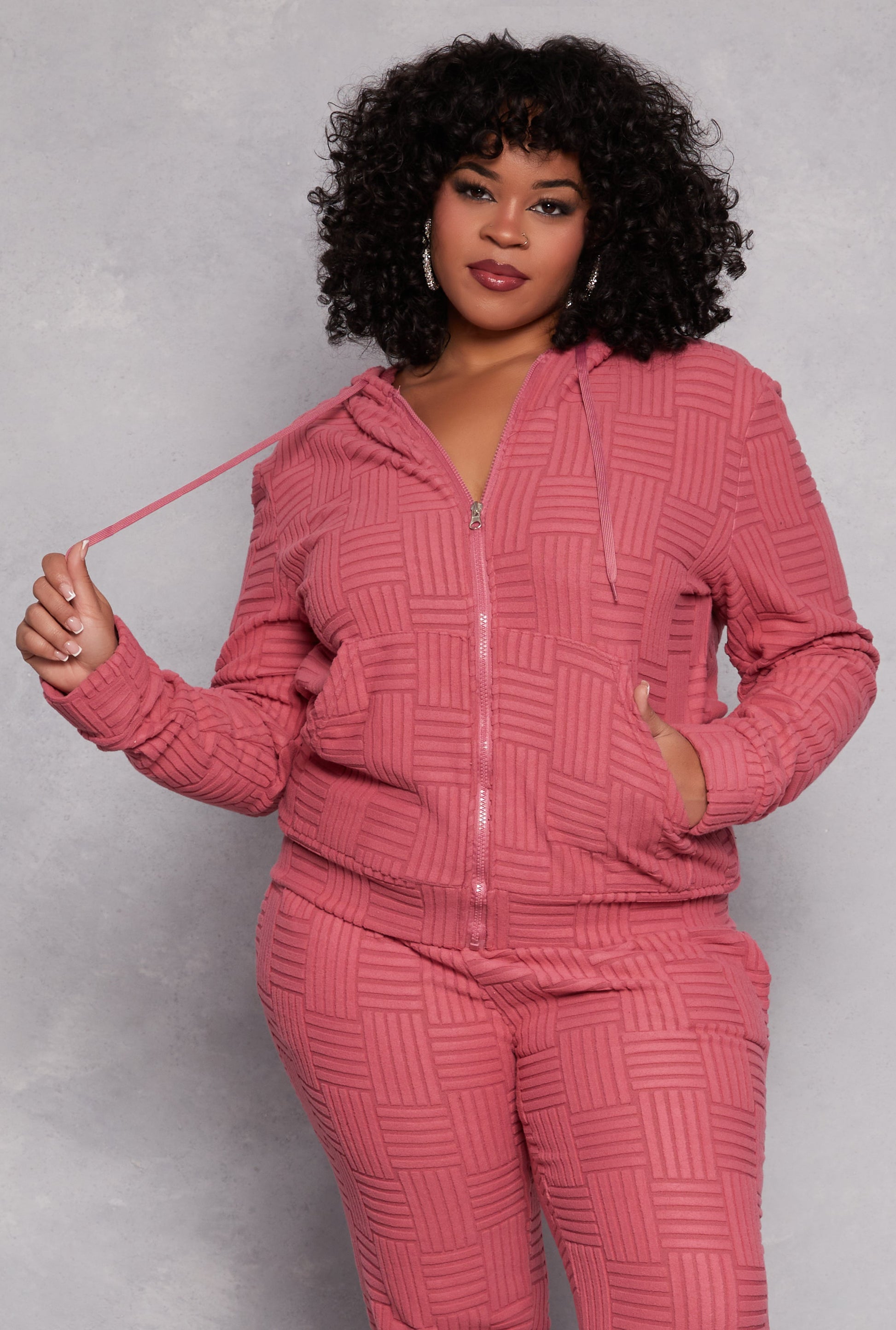 Plus Size Textured Knit Hooded Sweatshirt