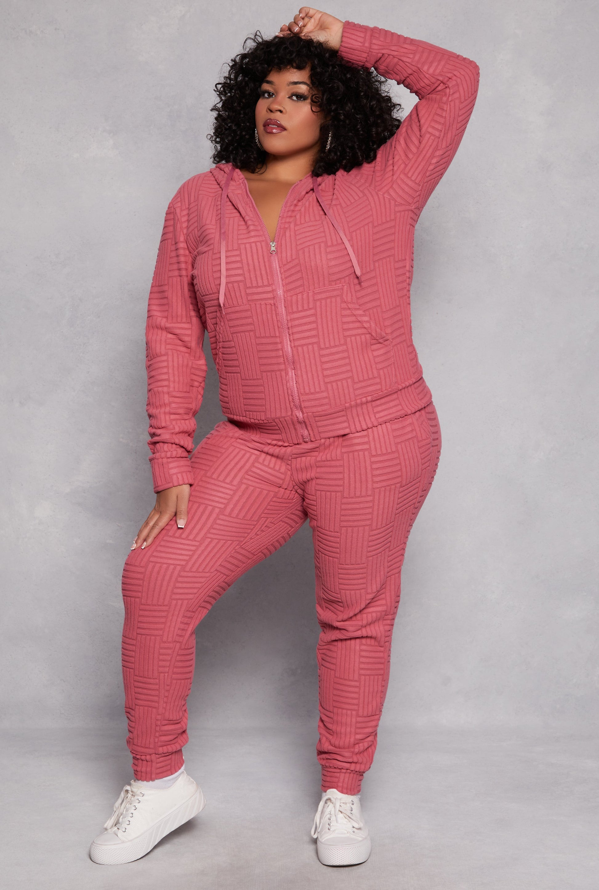 Plus Size Textured Knit Hooded Sweatshirt