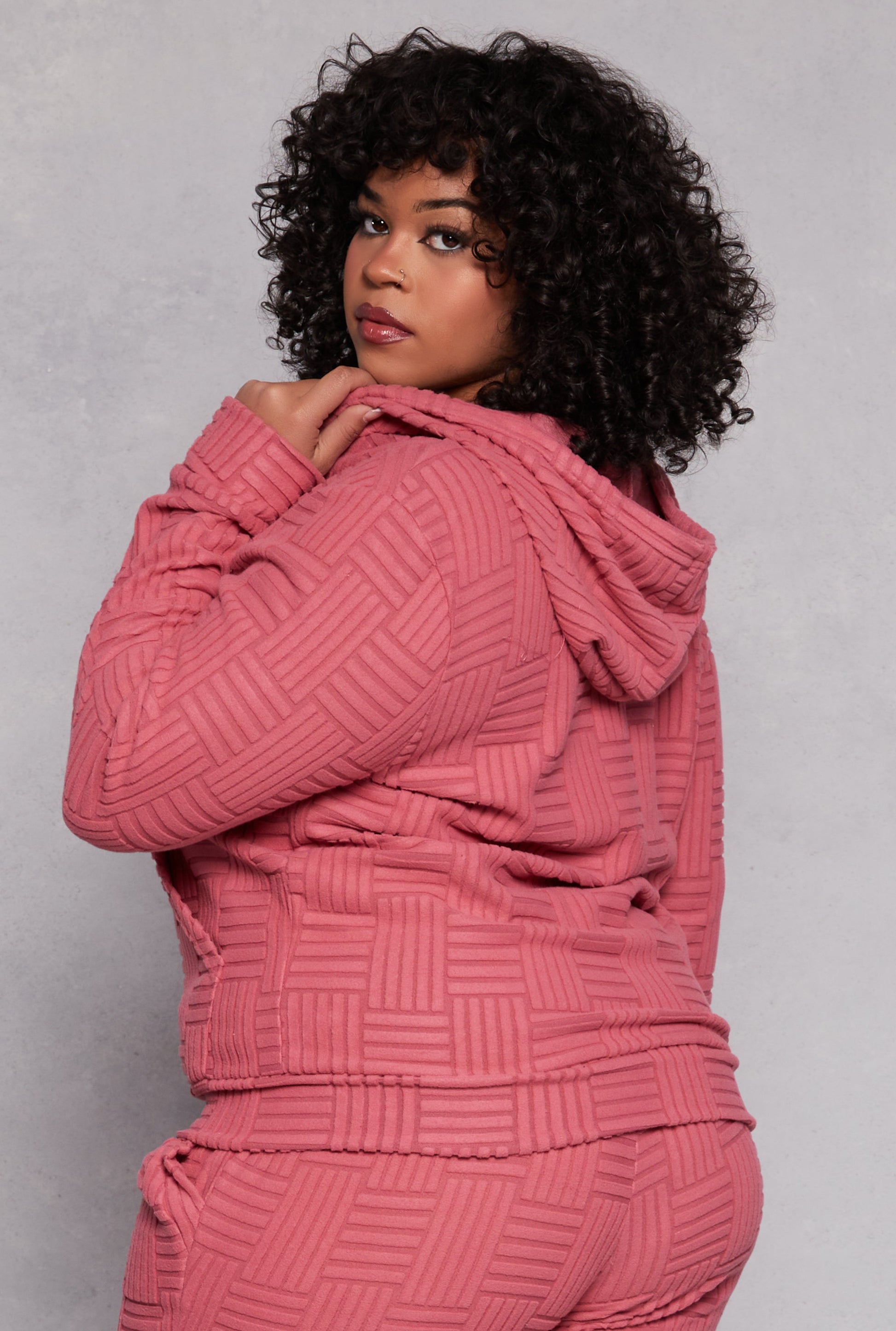 Plus Size Textured Knit Hooded Sweatshirt