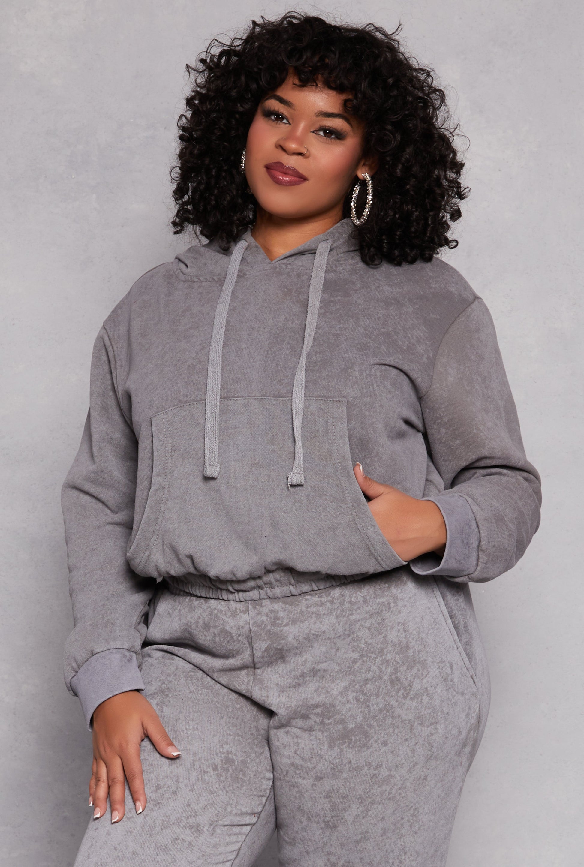 Plus Size Acid Wash Hooded Sweatshirt