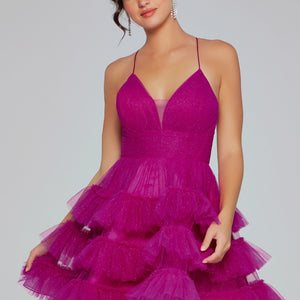 Glitter Tulle Short V-Neck Ruffled Dress by Jovani 39655