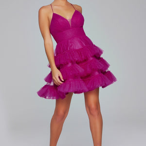 Glitter Tulle Short V-Neck Ruffled Dress by Jovani 39655