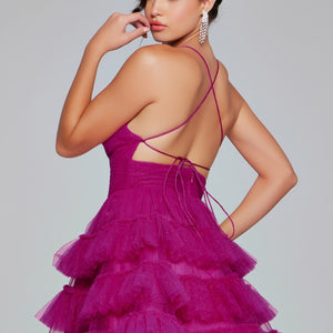 Glitter Tulle Short V-Neck Ruffled Dress by Jovani 39655