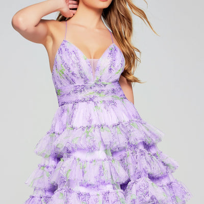 Print Short Sleeveless Tiered Dress by Jovani 39880