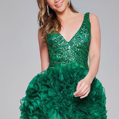 Sequin Short V-Neck Ruffled Dress by Jovani 39931