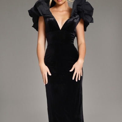Jovani 39978 Ruffle Tea Length Velvet Formal Dress