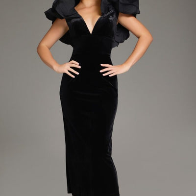 Jovani 39978 Ruffle Tea Length Velvet Formal Dress