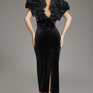 Jovani 39978 Ruffle Tea Length Velvet Formal Dress