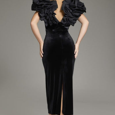 Jovani 39978 Ruffle Tea Length Velvet Formal Dress