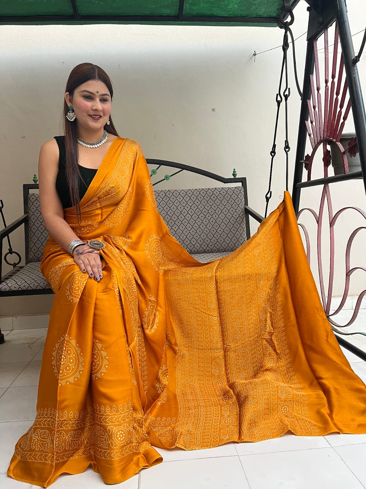 Modal Silk Ajrakh Print Premium Saree