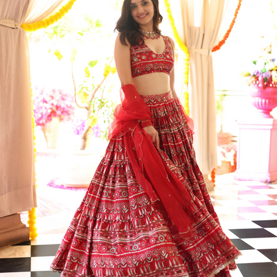 Red Hibiscus Haven Printed Satin Lehenga Set