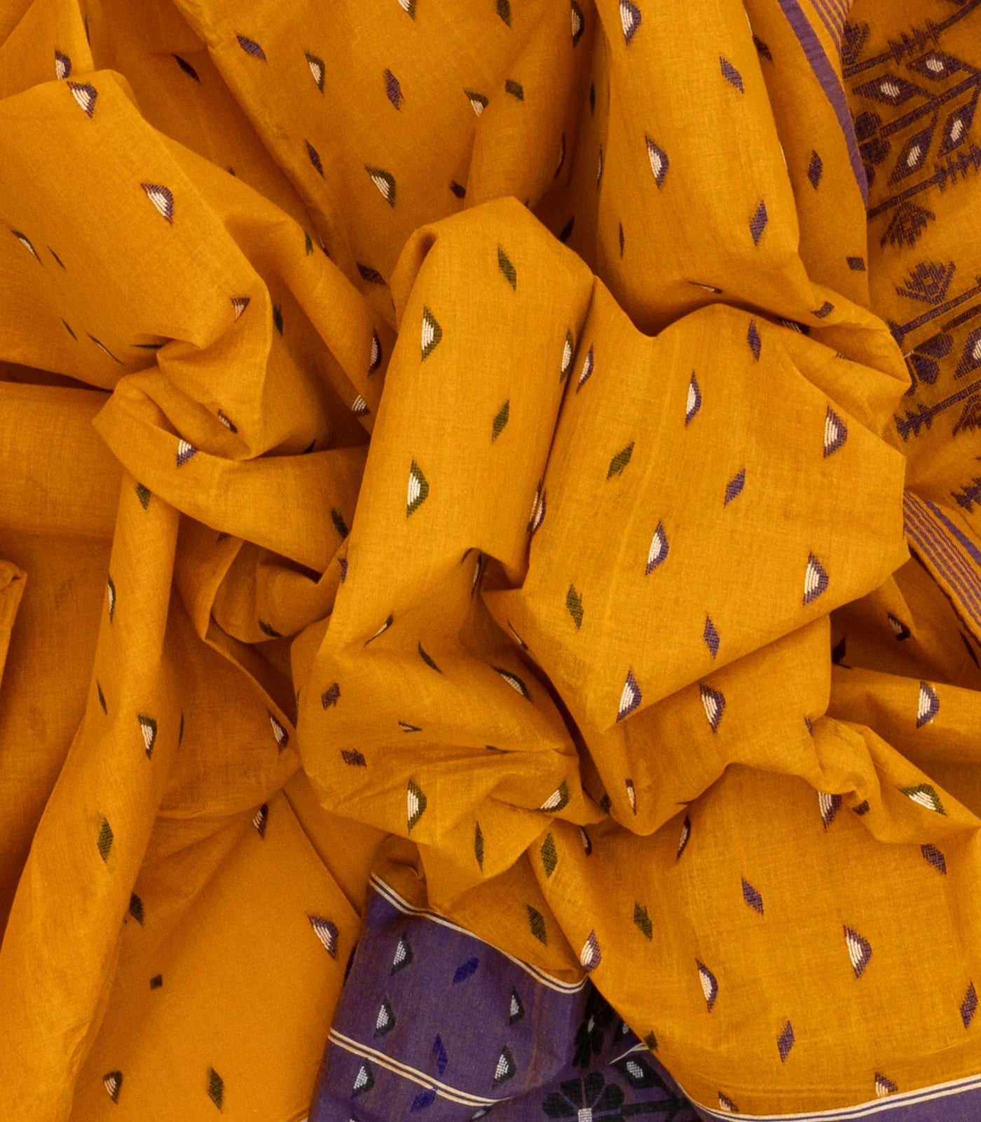 Mustard Bengal Cotton Saree With Triangle Motifs