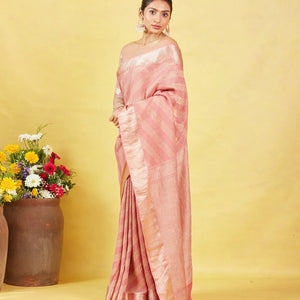 Dusty Pink Crepe Silk Saree With Diagonal Zari Stripes