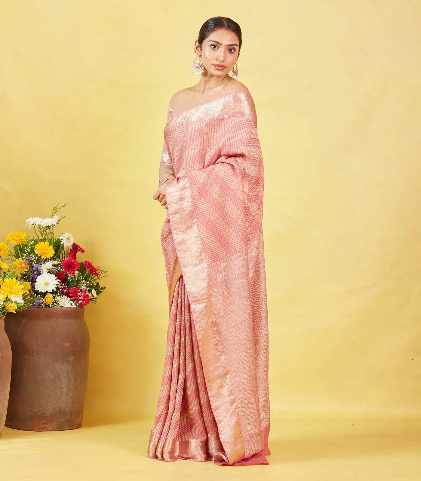 Dusty Pink Crepe Silk Saree With Diagonal Zari Stripes