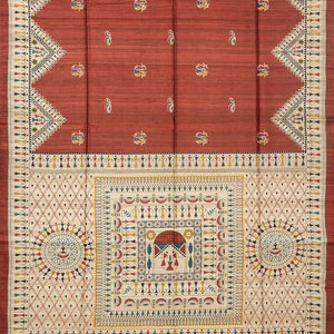 Coral Red Handloom Tussar Silk Saree With Printed Tribal Motifs