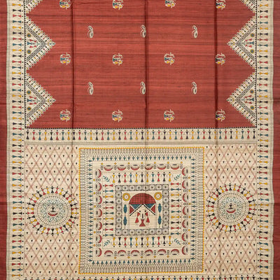 Coral Red Handloom Tussar Silk Saree With Printed Tribal Motifs