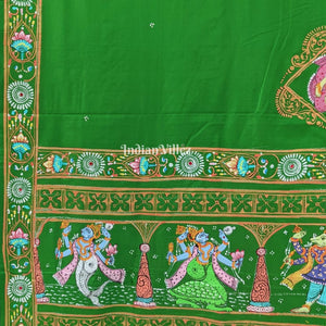 Green Radha Krishna Dashavatara Pattachitra Saree