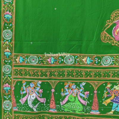 Green Radha Krishna Dashavatara Pattachitra Saree