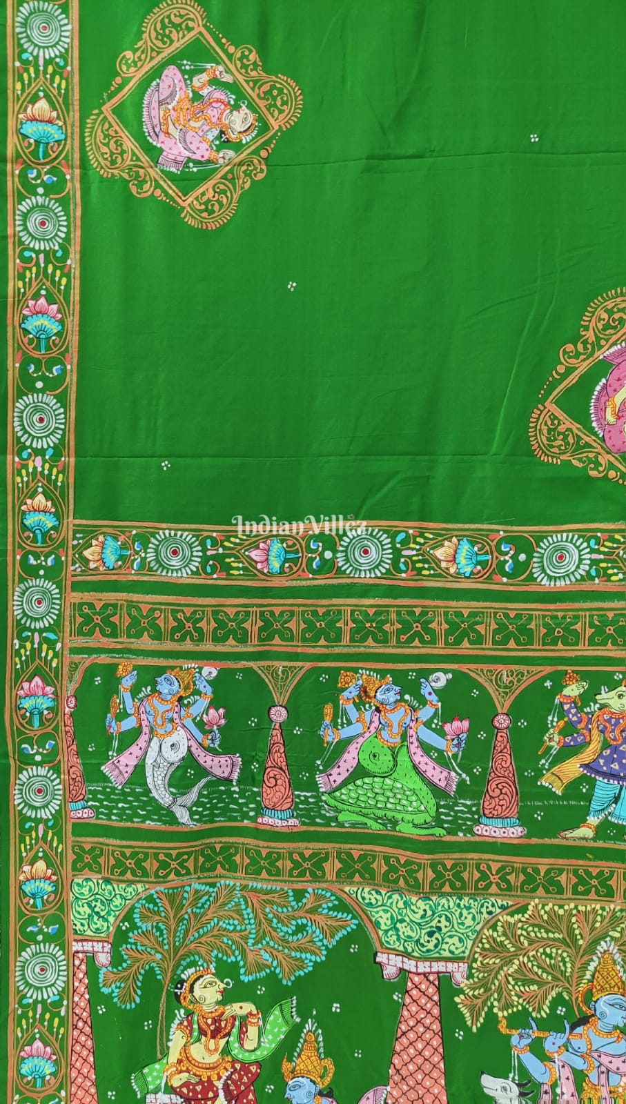 Green Radha Krishna Dashavatara Pattachitra Saree