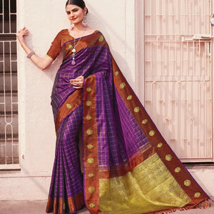 Purple Handloom Kanchipuram Silk Saree With Checks