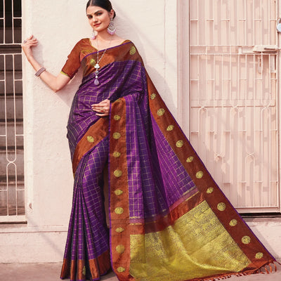 Purple Handloom Kanchipuram Silk Saree With Checks