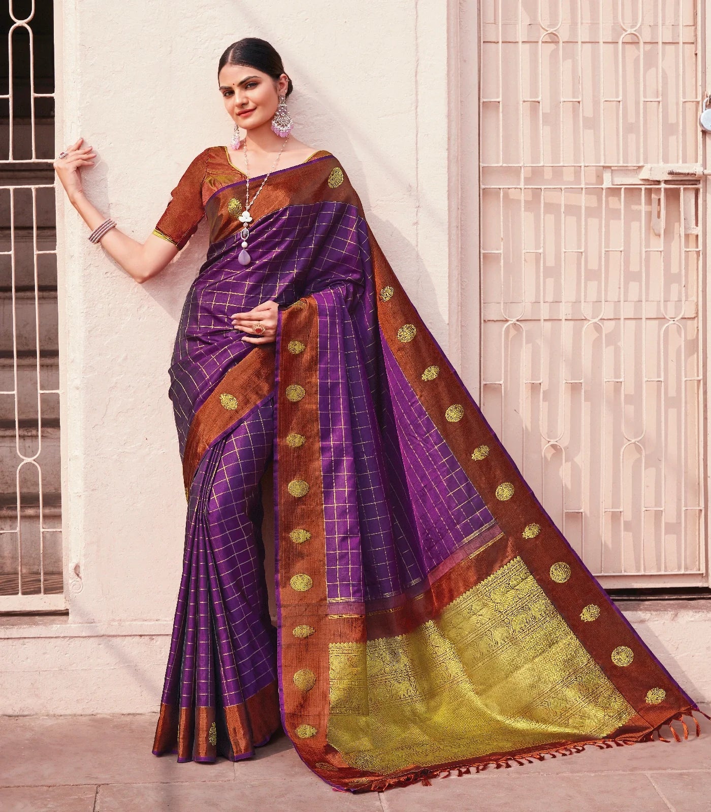 Purple Handloom Kanchipuram Silk Saree With Checks