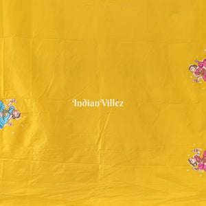 Yellow Mathura Vijay Pattachitra on Mulberry Silk Saree