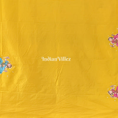 Yellow Mathura Vijay Pattachitra on Mulberry Silk Saree