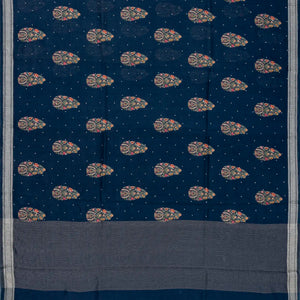 Navy Blue Handloom Tussar Silk Saree Printed With Floral Motifs