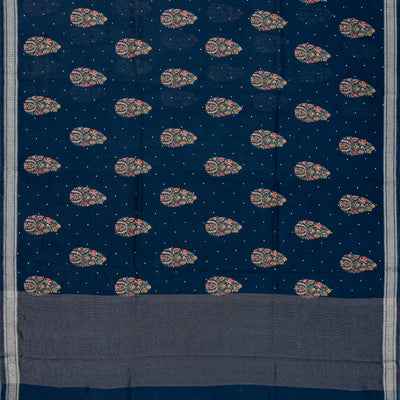 Navy Blue Handloom Tussar Silk Saree Printed With Floral Motifs