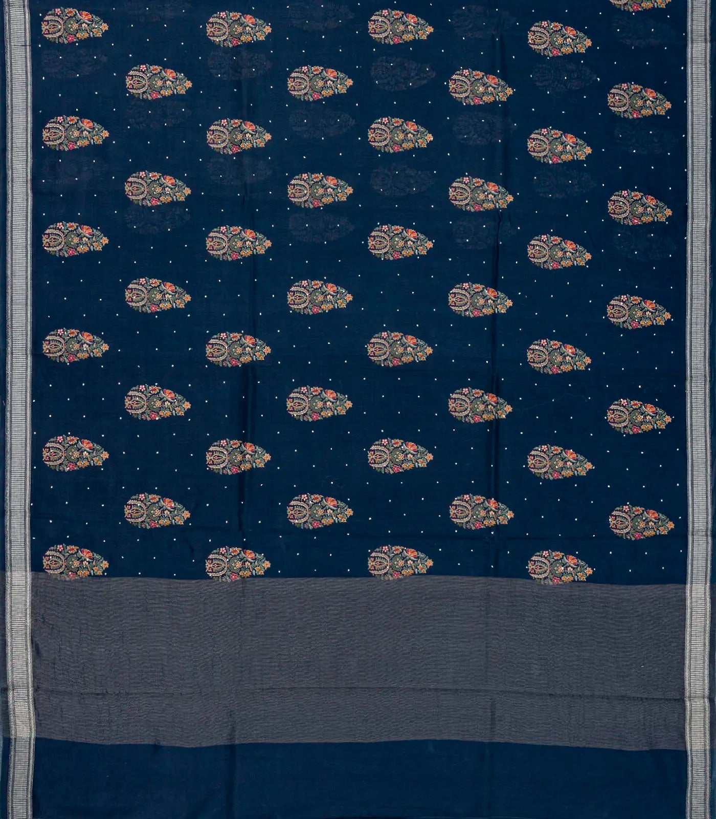 Navy Blue Handloom Tussar Silk Saree Printed With Floral Motifs