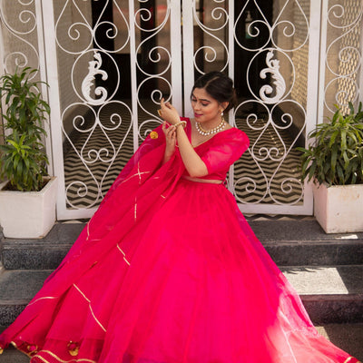 pink organza puff sleeves lehenga