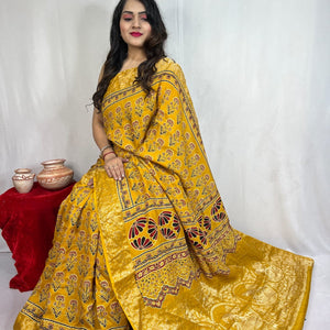 Dola Silk Original Handblocked  Ajrakh work Saree
