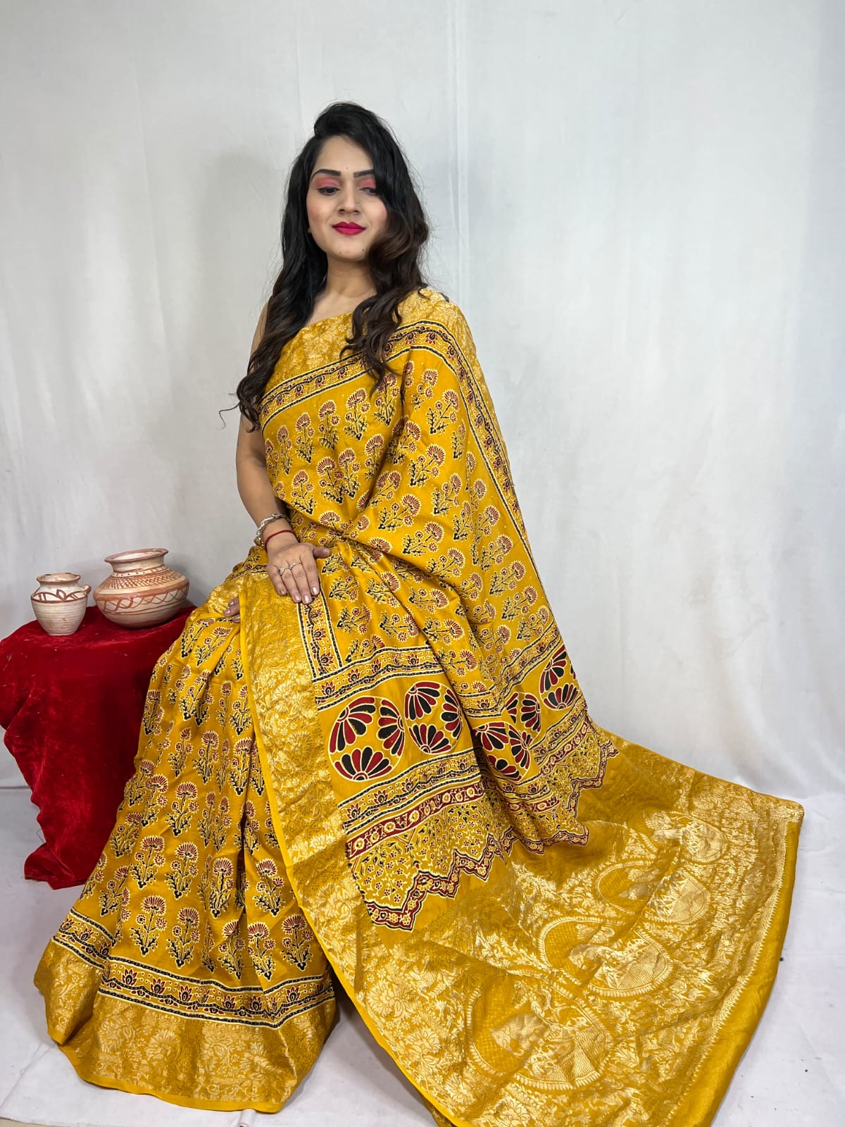 Dola Silk Original Handblocked  Ajrakh work Saree