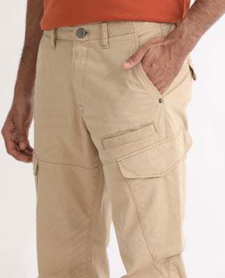 Rare Rabbit Men's Cidar Beige Mid-Rise Regular Fit Cargo Style Stretch Trouser