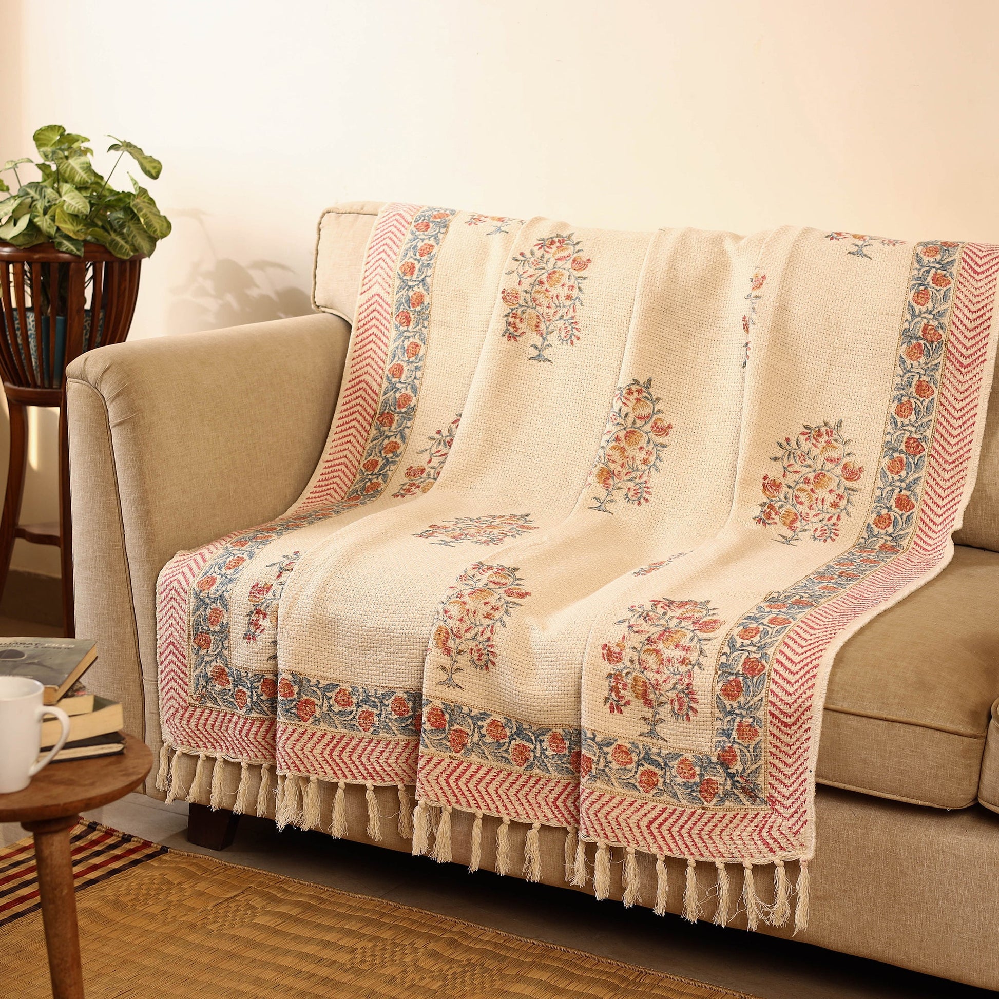 Beige - Sanganeri Print Cotton Sofa Throw (88 x 60 in) 16