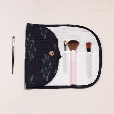 Black - Ikat Fabric Multipurpose Segmented Make-up Brush Wrap Pouch/Case