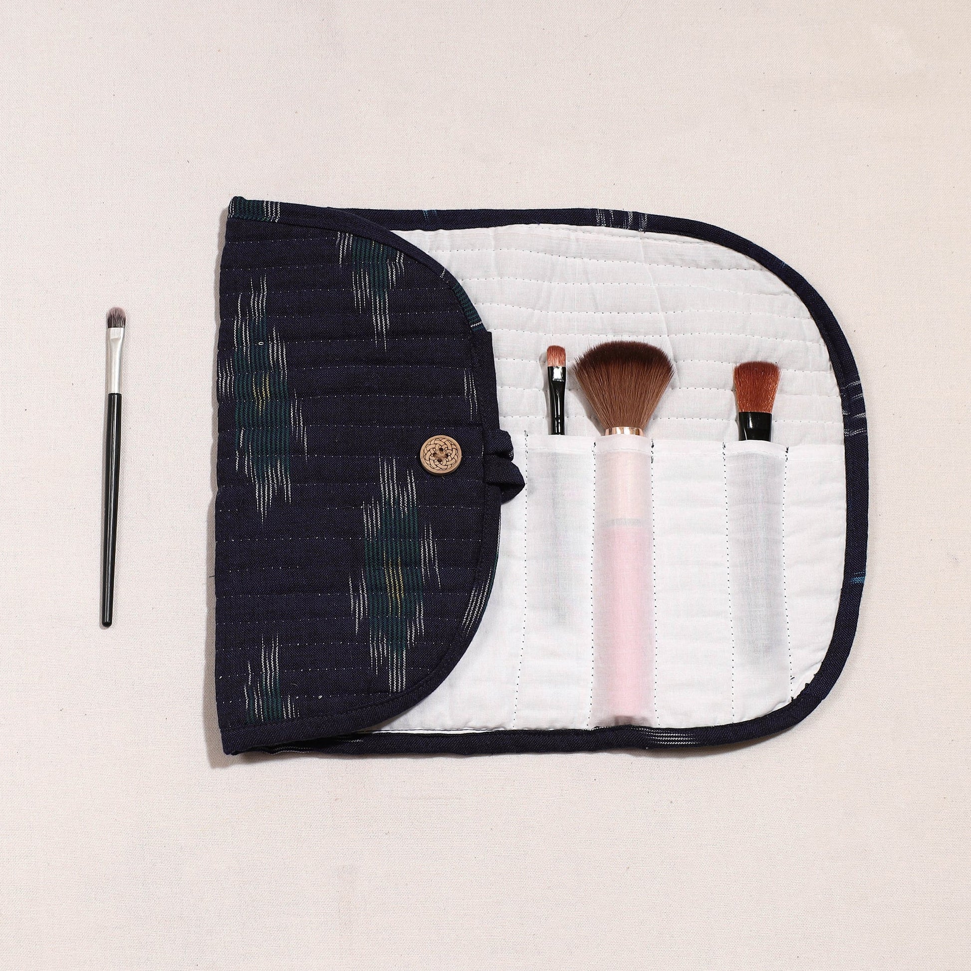 Black - Ikat Fabric Multipurpose Segmented Make-up Brush Wrap Pouch/Case