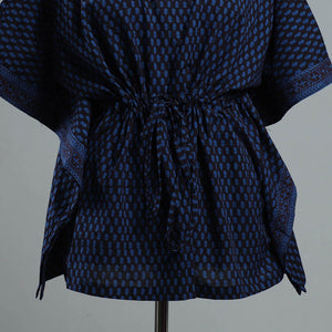 Blue - Bagh Block Printed Cotton Kaftan with Tie-Up Waist (Short)